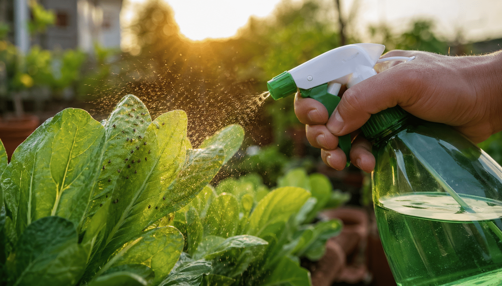 spray natural borrifando na horta