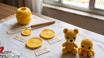 Técnicas para amigurimi em crochê, mesa com materiais e peças prontas