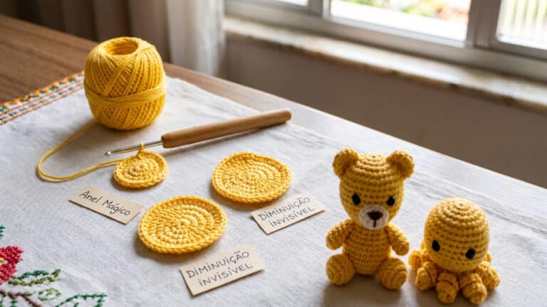 Técnicas para amigurimi em crochê, mesa com materiais e peças prontas
