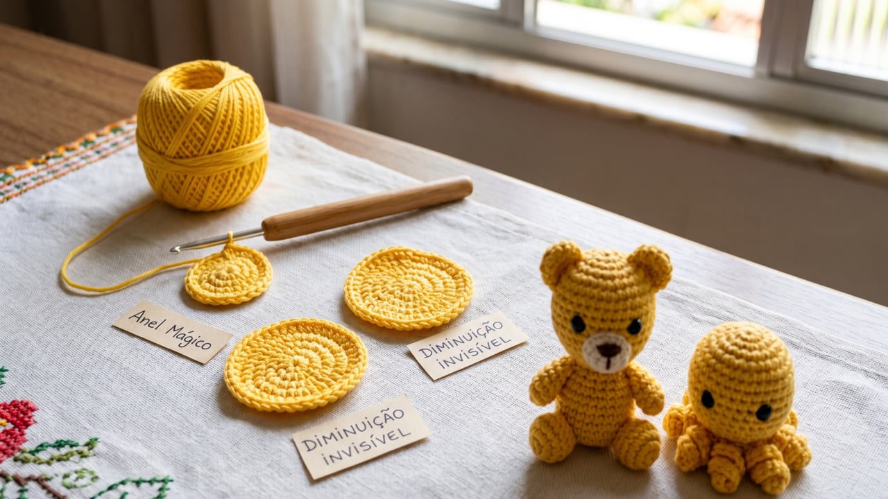 Técnicas para amigurimi em crochê, mesa com materiais e peças prontas