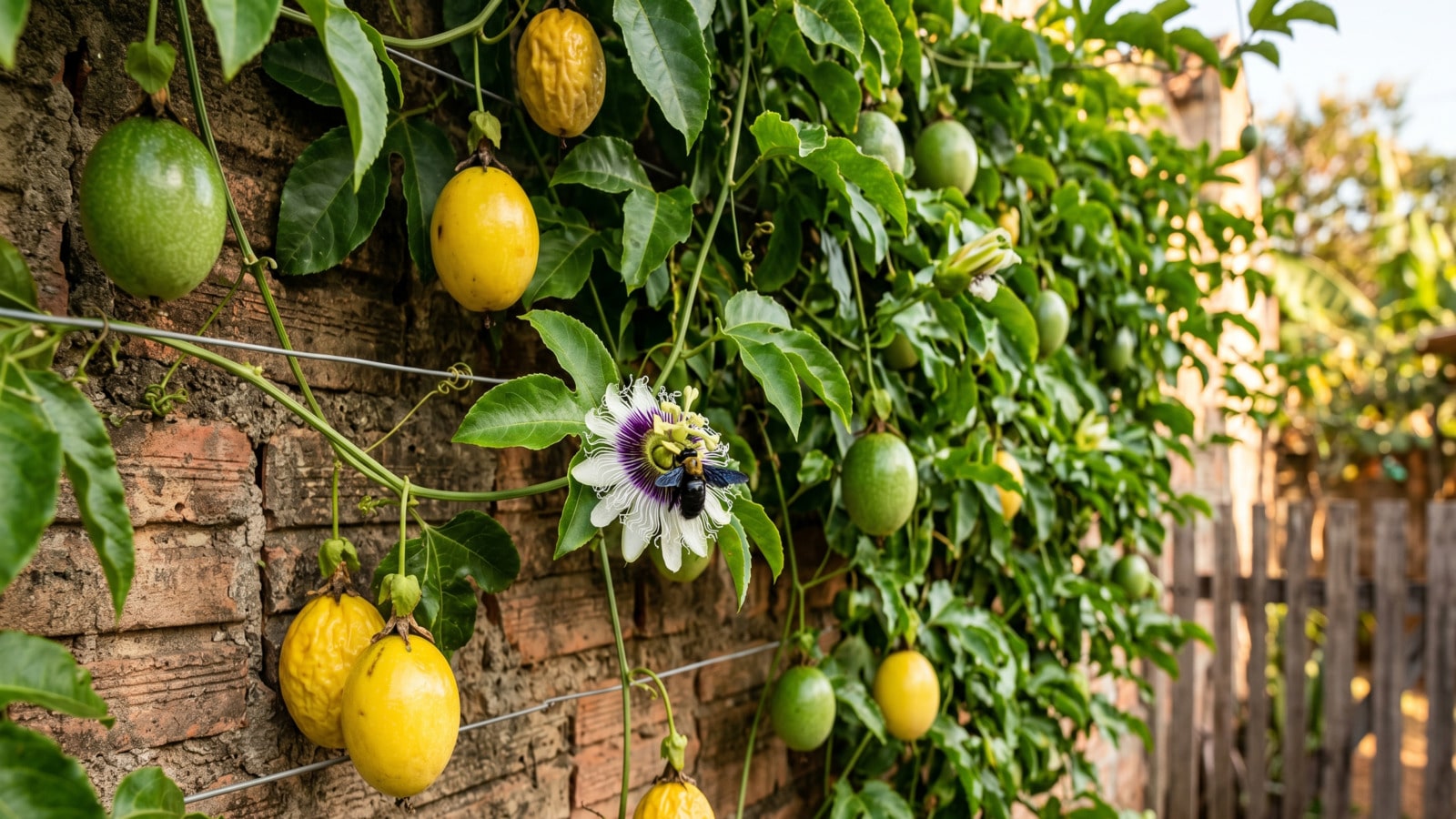 Trepadeira de maracujazeiro no muro de casa