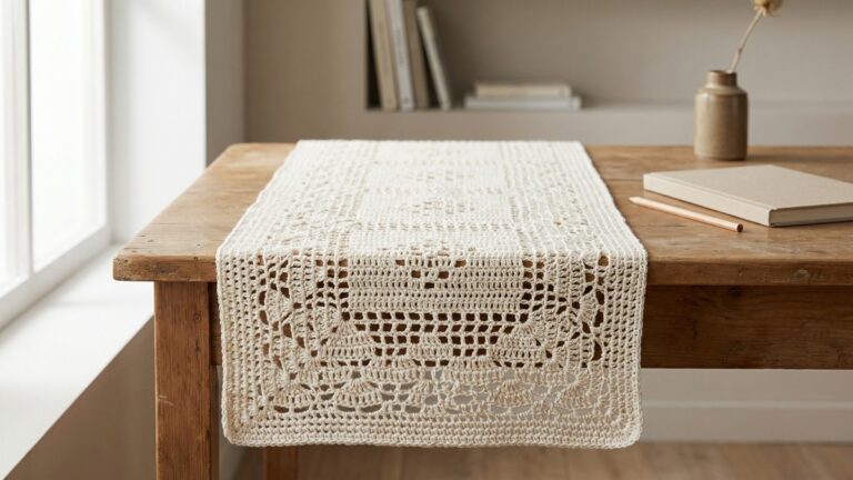 Trilho de mesa de croche artesanal em tom off-white com padrao geometrico sobre mesa de trabalho minimalista com luz natural e elementos decorativos neutros