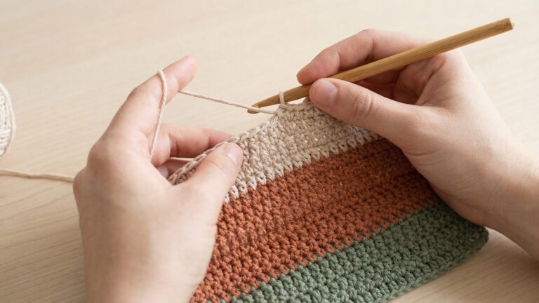 Maos trabalhando em croche com tecnica de troca de cor invisivel mostrando listras perfeitamente alinhadas
