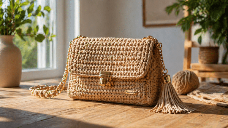 bolsa de crochê em fio náutico moderna com acabamento estruturado e estilo sofisticado sobre mesa de madeira em ambiente iluminado