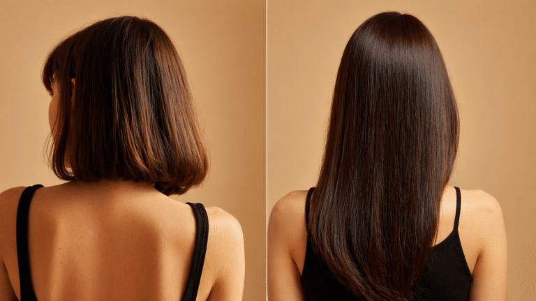 foto esquerda mulher de costas com cabelo liso curto. foto a direita, mulher com cabelo liso longo