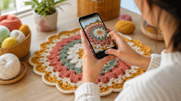 Artesã fotografando peça de crochê com smartphone, destacando cores e textura dos pontos em ambiente iluminado