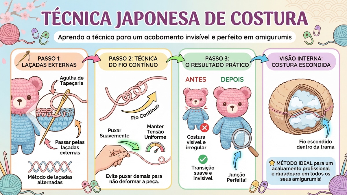 Infografico detalhado em portugues sobre tecnica japonesa de costura de amigurumi mostrando passo a passo e metodo ideal