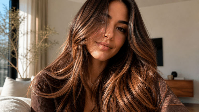 cabelo morena iluminada chocolate suíço com reflexos dourados naturais e brilho intenso em luz de fim de tarde