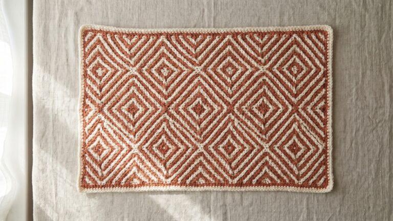Peca de croche mosaico com padroes geometricos perfeitos em duas cores contrastantes sobre fundo neutro