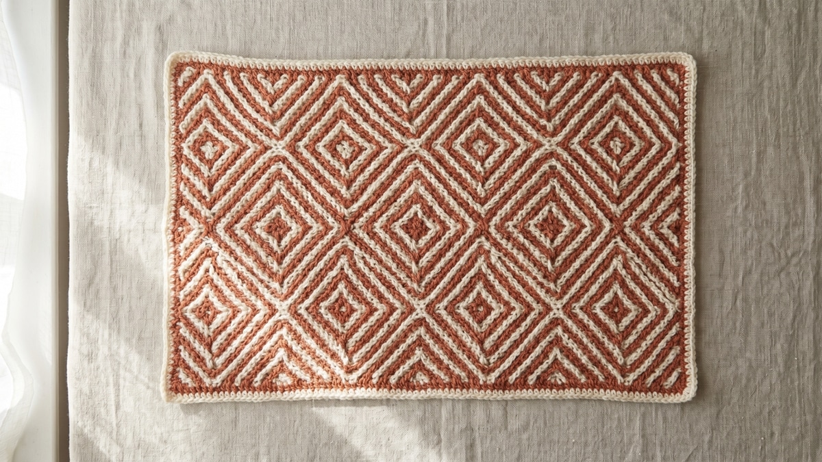 Peca de croche mosaico com padroes geometricos perfeitos em duas cores contrastantes sobre fundo neutro