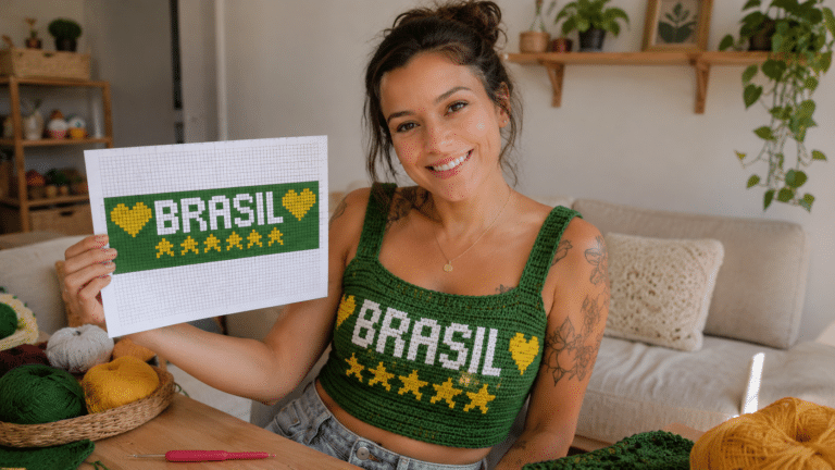 Mulher concentrada analisando um gráfico de crochê estilo pixel art com a palavra “Brasil”, usando cropped de crochê verde em ambiente aconchegante com novelos e materiais de artesanato ao redor. Foto Estudio Katia Ribeiro Gmn