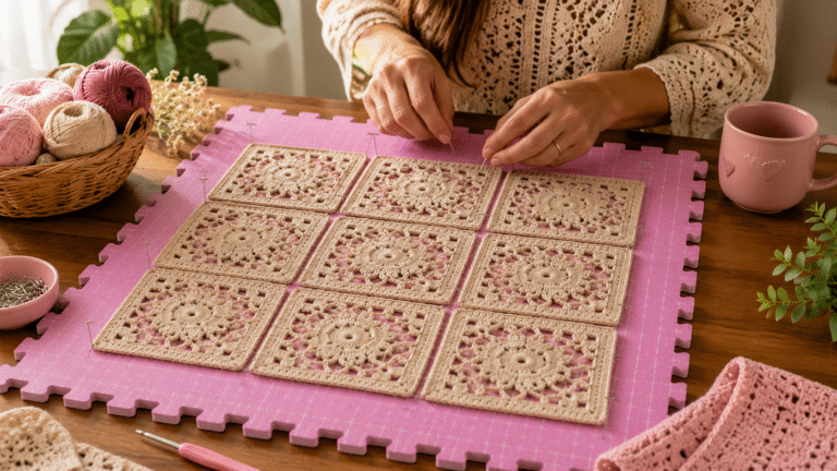 Artesã realizando blocagem de squares de crochê em blocador rosa para garantir acabamento uniforme e profissional