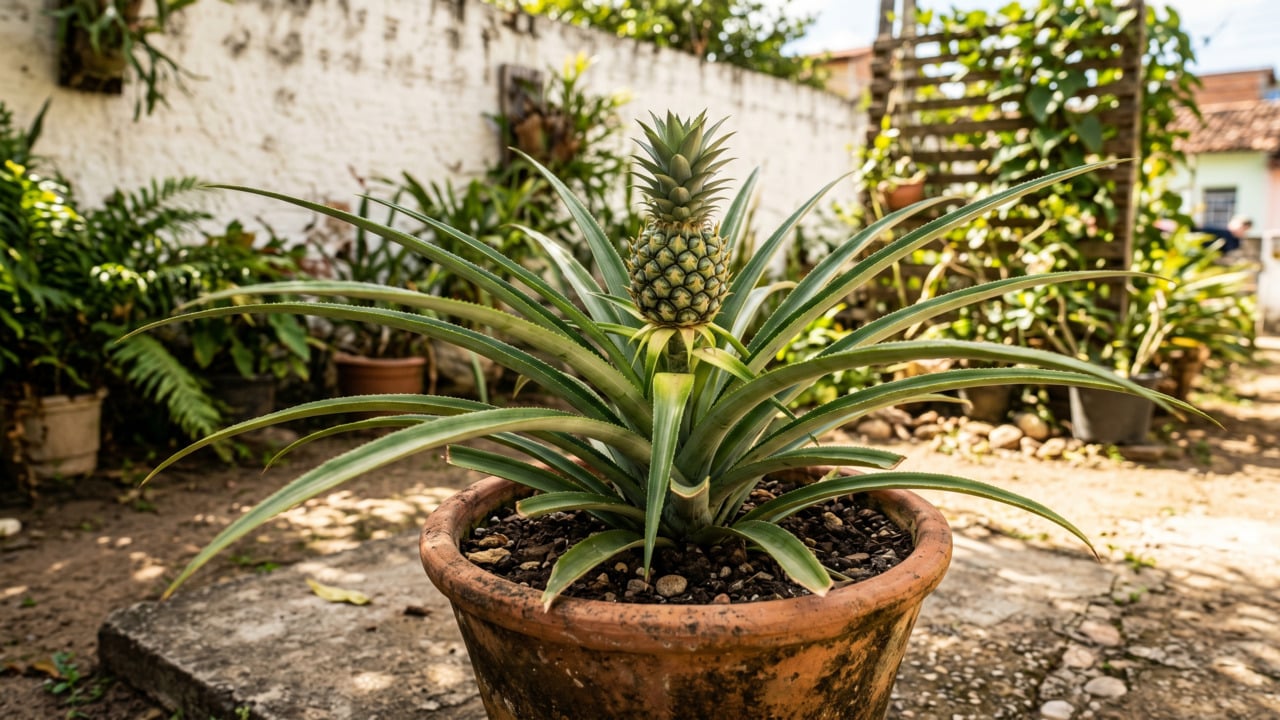 Abacaxi plantado em vaso em casa
