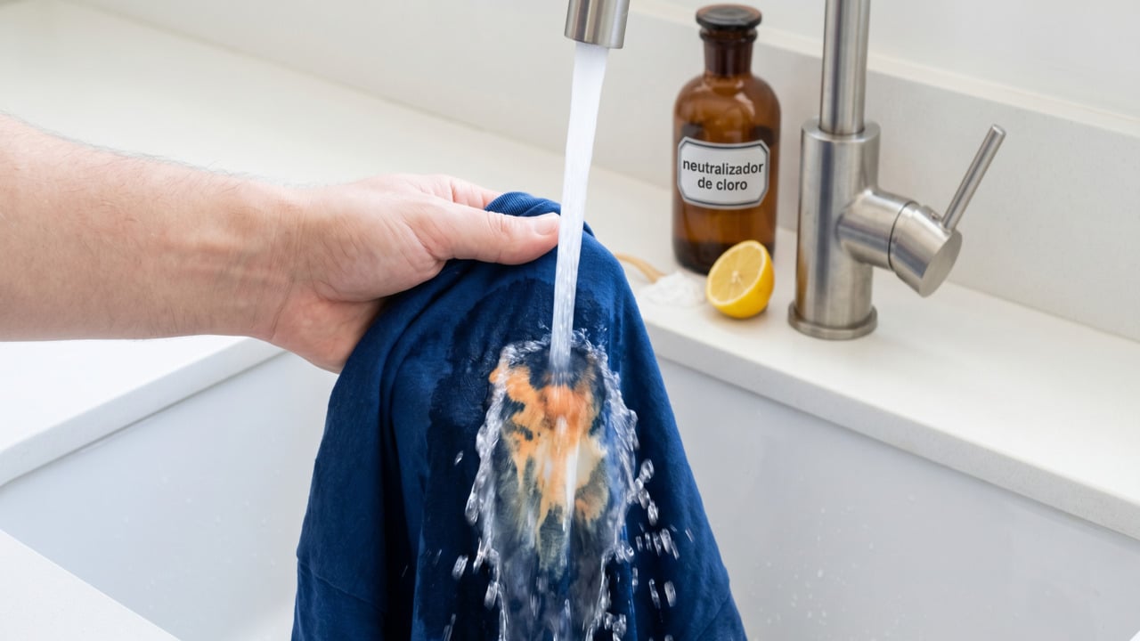 Água corrente da torneira sobre mancha de água sanitária em camisa azul escura
