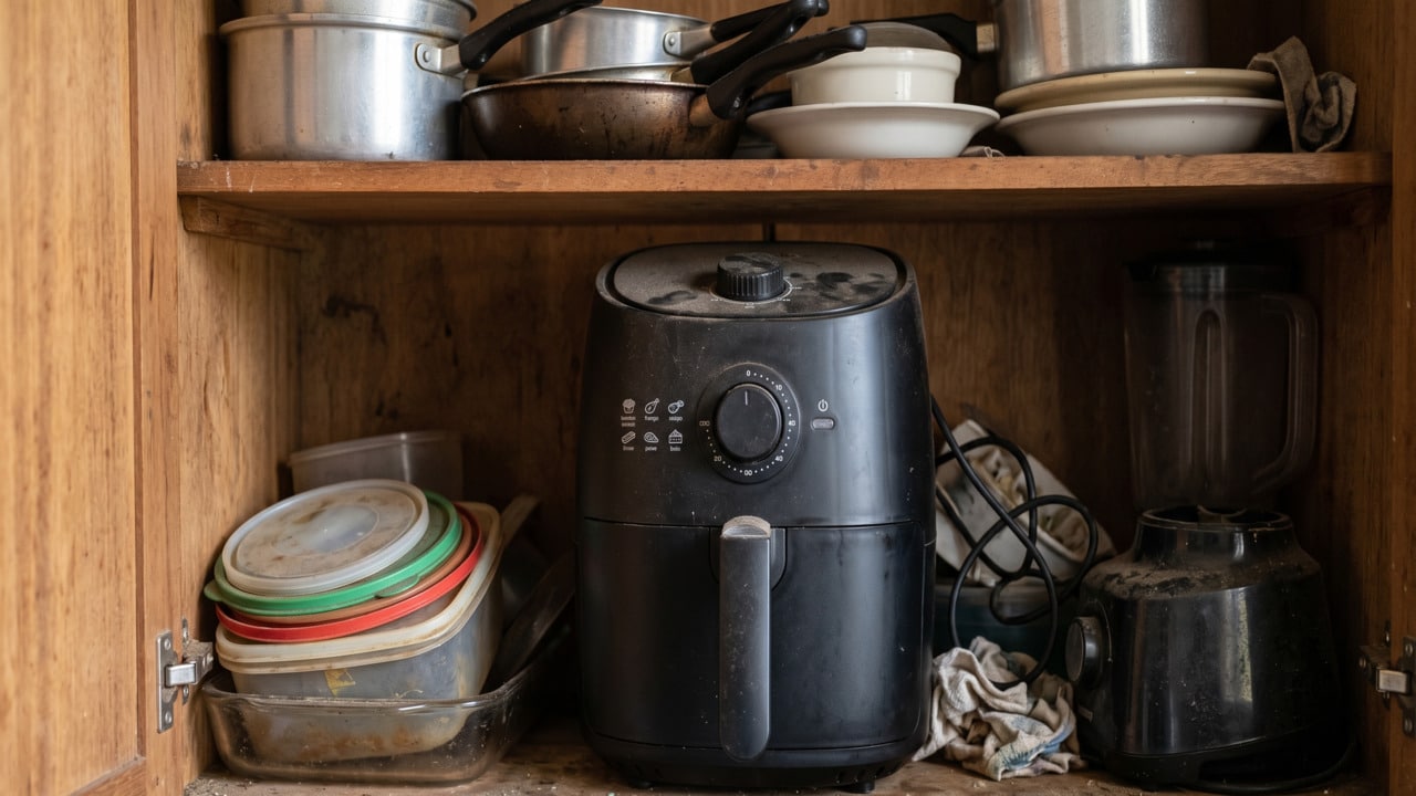 Air fryer guardada em desuso