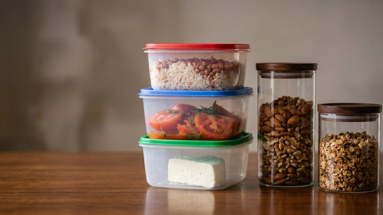 Alimentos organizados em potes próprios para comida