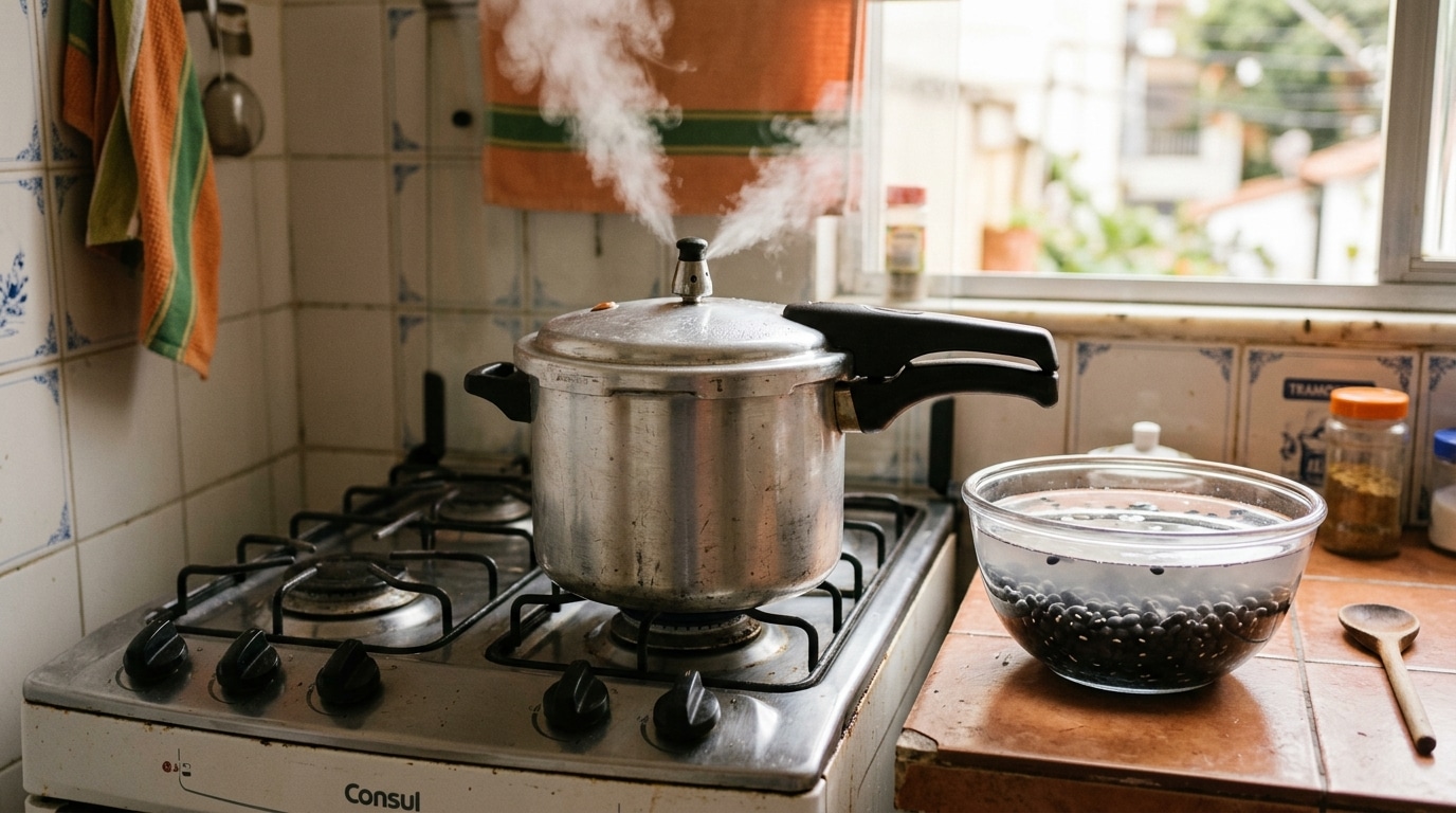 Panela de pressão de alumínio liberando vapor no fogão aceso. Ao lado, sobre a bancada, uma tigela de vidro com feijão preto de molho em água e uma colher de pau.