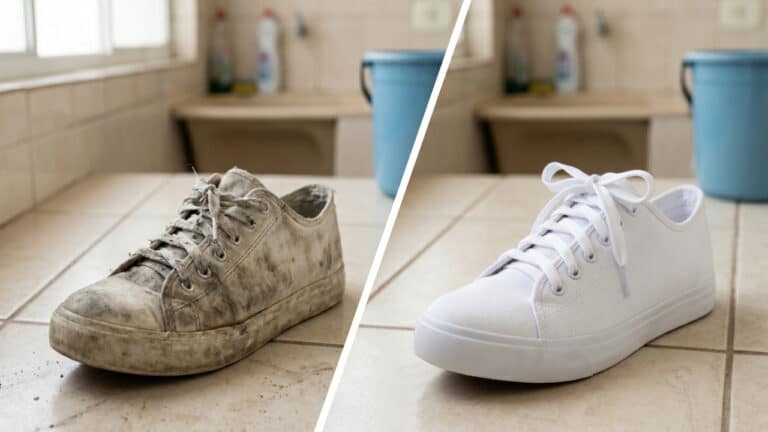 Antes e depois de limpeza de tênis branco com mistura caseira