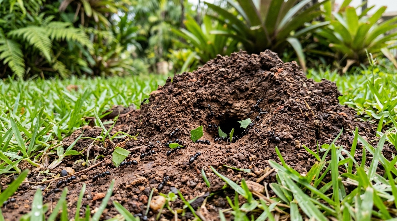 Formigas cortadeiras carregando fragmentos de folhas verdes para o interior de um formigueiro de terra solta, localizado no meio de um gramado denso.