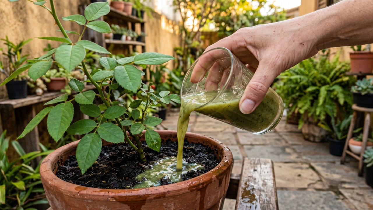Aplicação de mistura com cascas de banana e bicarbonato em solo do vaso com planta no jardim