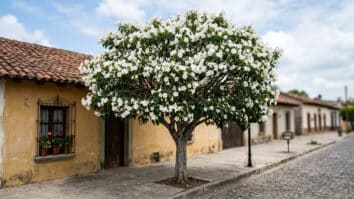 Árvore cazahuate com flores brancas em calçada residencial