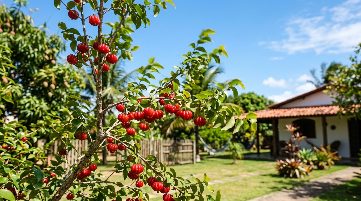 Uma árvore de pitanga (Eugenia uniflora) carregada de frutos vermelhos e maduros em primeiro plano. O fundo mostra um jardim de sítio brasileiro bem cuidado, com grama verde, outras árvores tropicais e uma casa rústica com telhado de cerâmica e varanda sob um céu azul.
