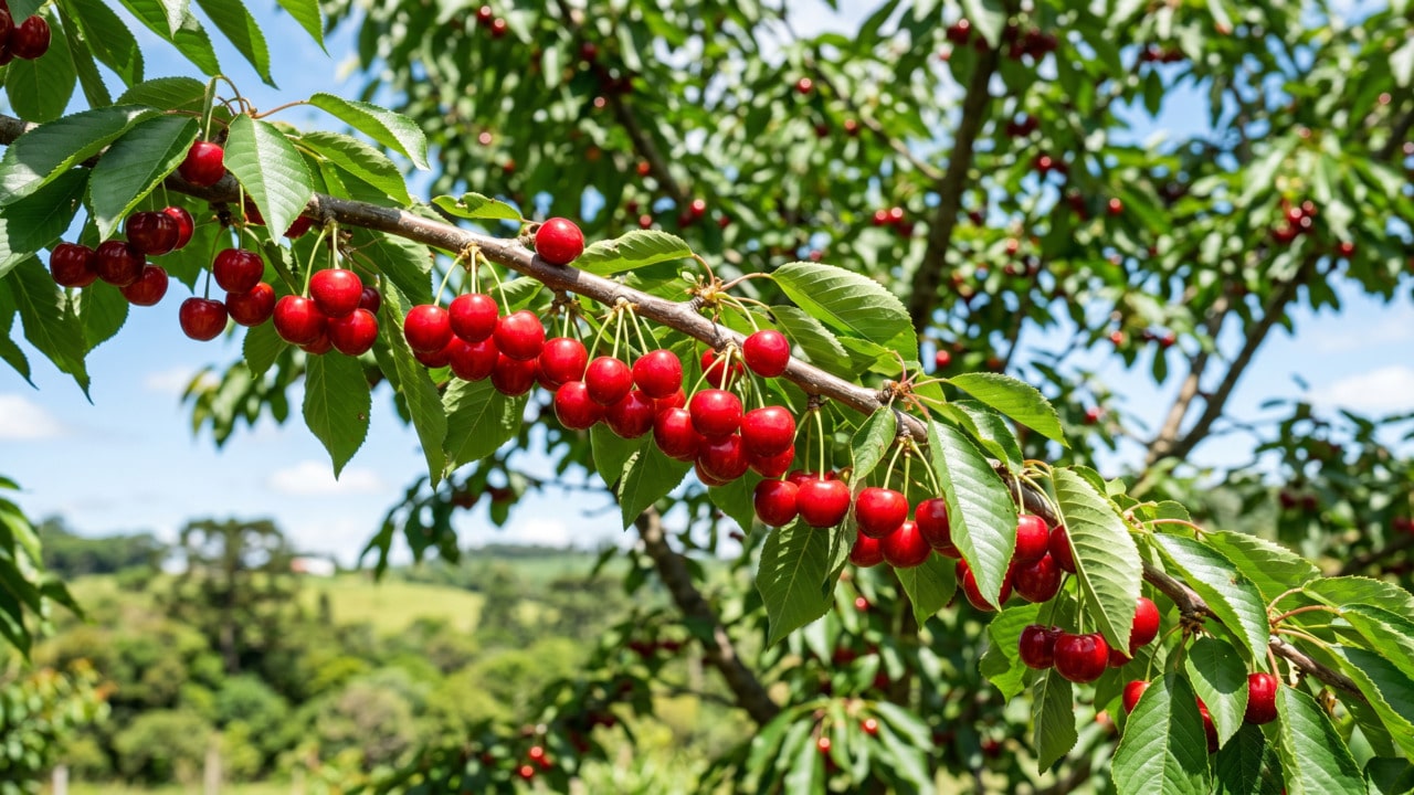 Árvore de cerejeira com galho cheio de frutas maduras