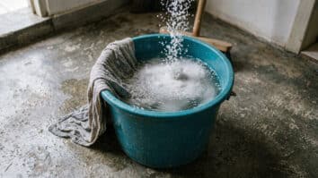 Balde com água e sal sendo preparado para limpar o chão