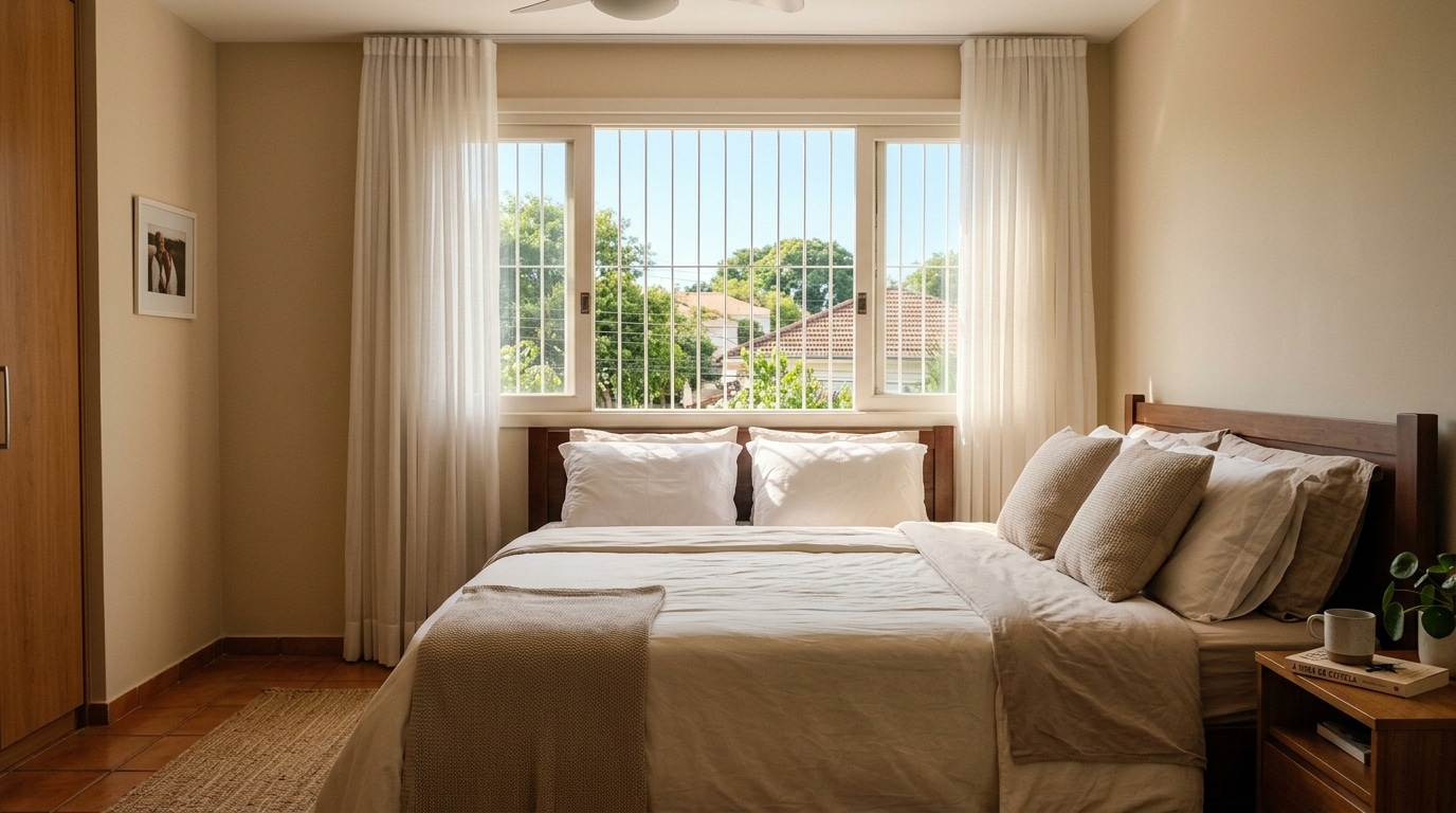 Cama de casal com roupa de cama branca e cabeceira de madeira em um quarto bem iluminado, de frente para uma grande janela com cortinas brancas e vista para árvores.