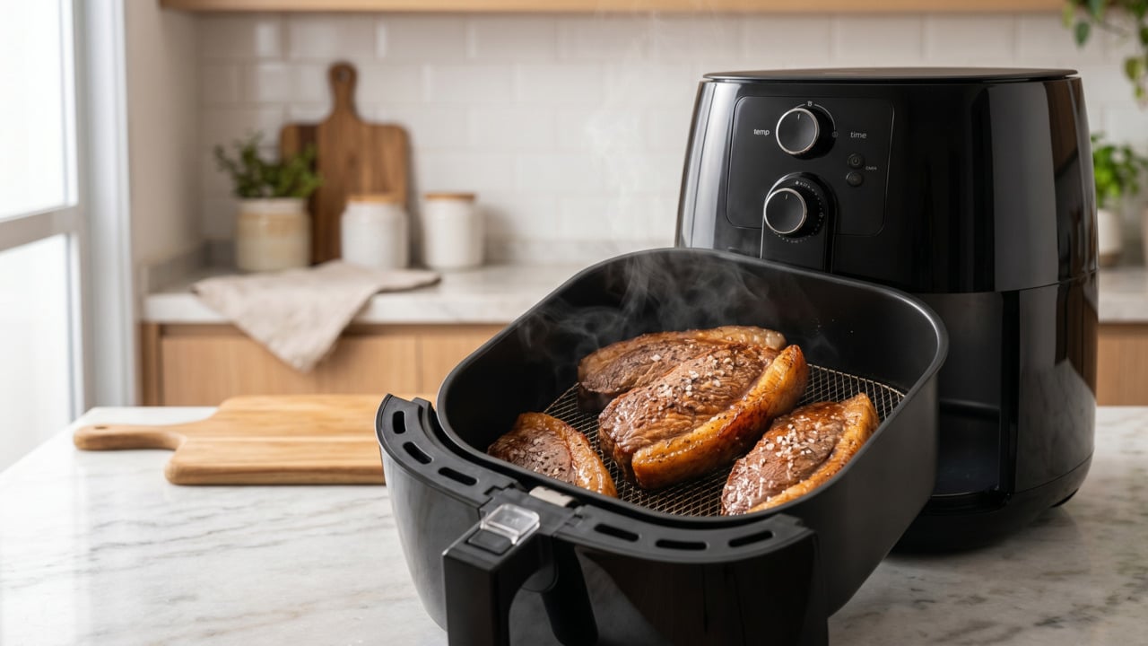 Bifes de picanha prontos na bandeja da air fryer