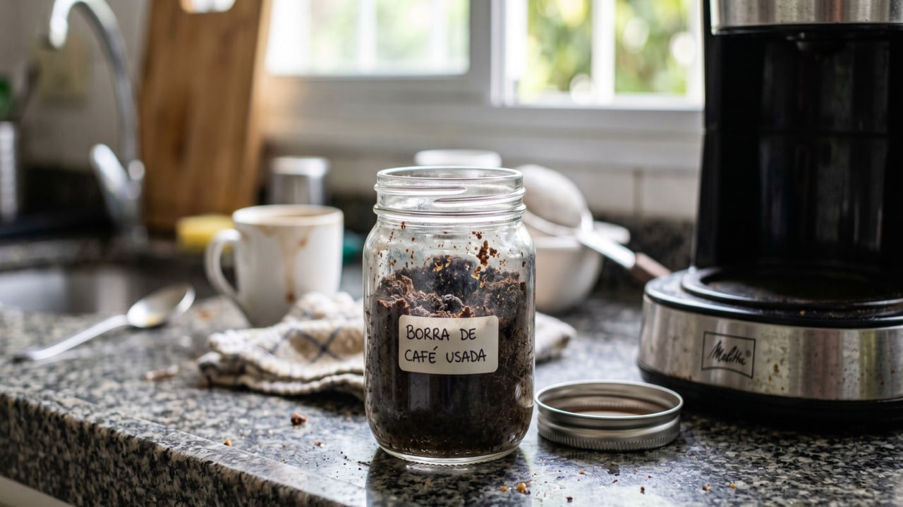 Borra de café usada reservada em pote de vidro