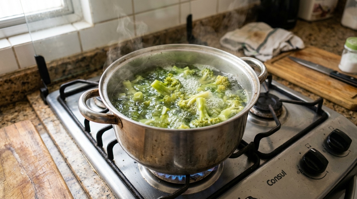 Panela de aço inox sobre a chama acesa de um fogão a gás, com flores de brócolis submersas em água fervente borbulhante, emitindo vapor espesso.