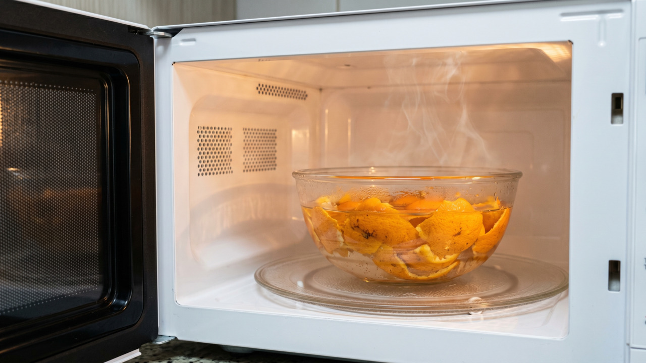 Cascas de laranja em tigela no micro-ondas