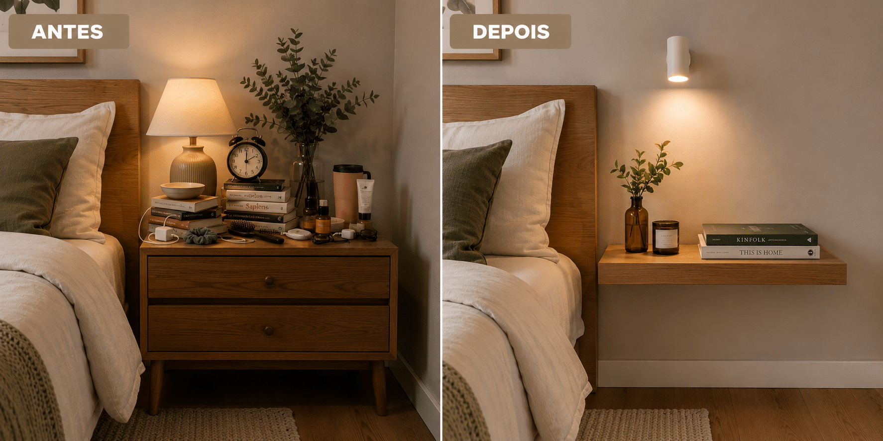 Antes e depois: Lado esquerdo com movel de cabeceira cheio de coisas e lado direito com prateleira flutuante minimalista