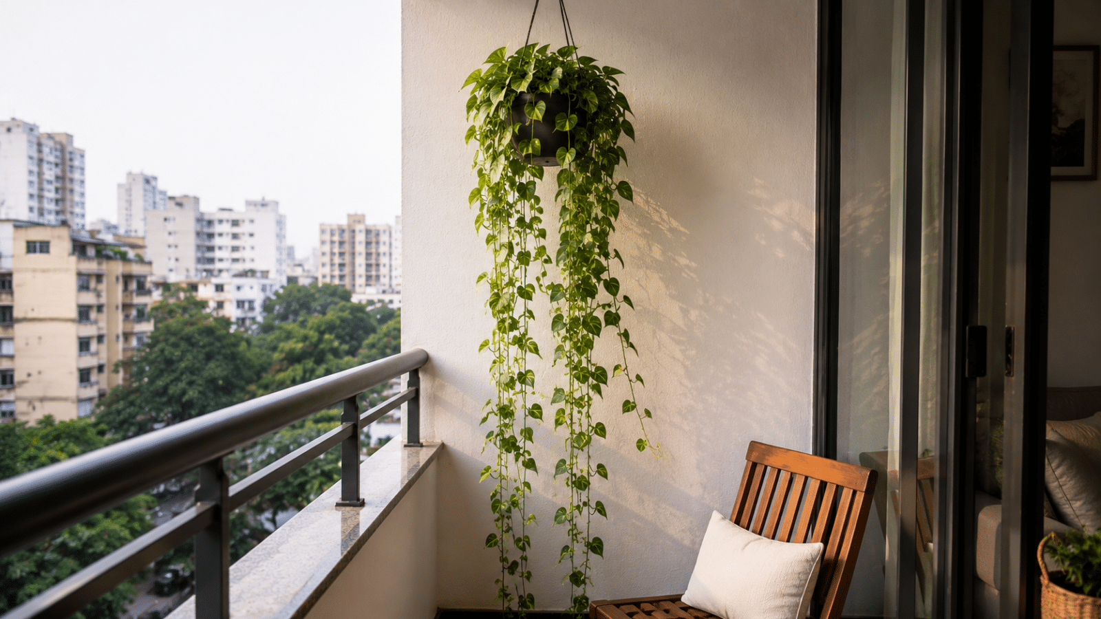 Planta jibóia pendente em vaso suspenso decorando varanda pequena, com ramos longos caindo em cascata e criando um cantinho verde acolhedor.