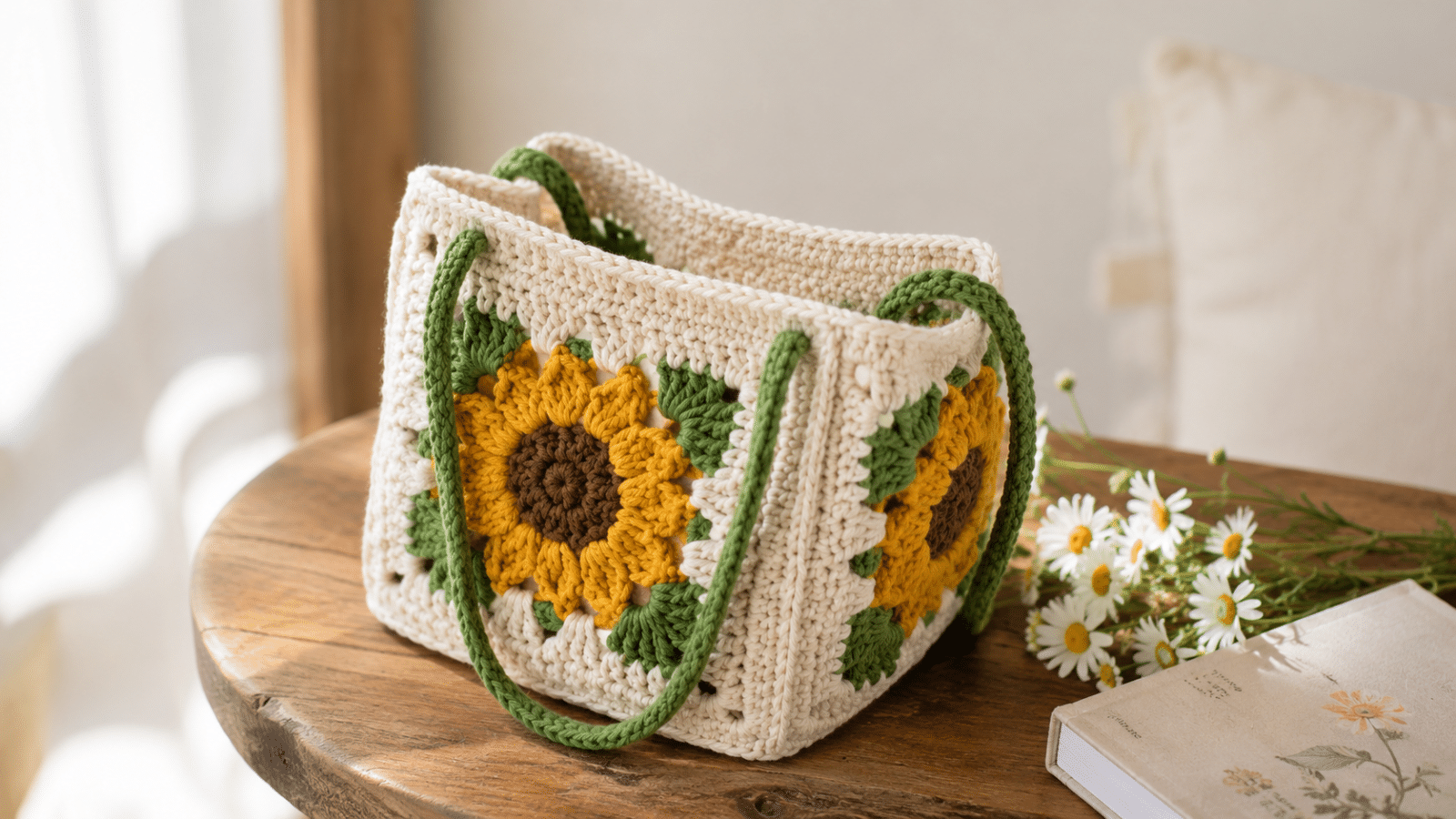 Bolsa de crochê com girassóis em relevo sobre mesa de madeira, destacando o charme artesanal, as alças verdes e a delicadeza floral da peça feita à mão.