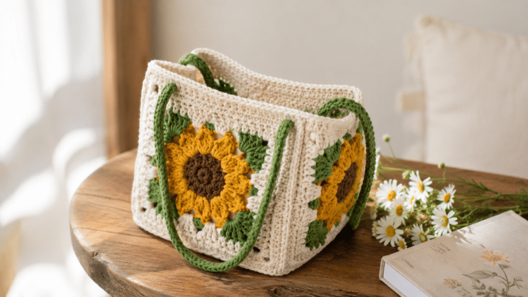Bolsa de crochê com girassóis em relevo sobre mesa de madeira, destacando o charme artesanal, as alças verdes e a delicadeza floral da peça feita à mão.