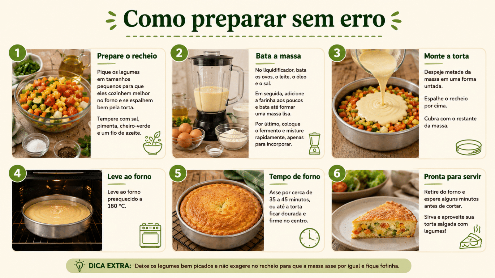 Infográfico com passo a passo para preparar torta salgada de liquidificador com legumes, desde o recheio até o tempo de forno.