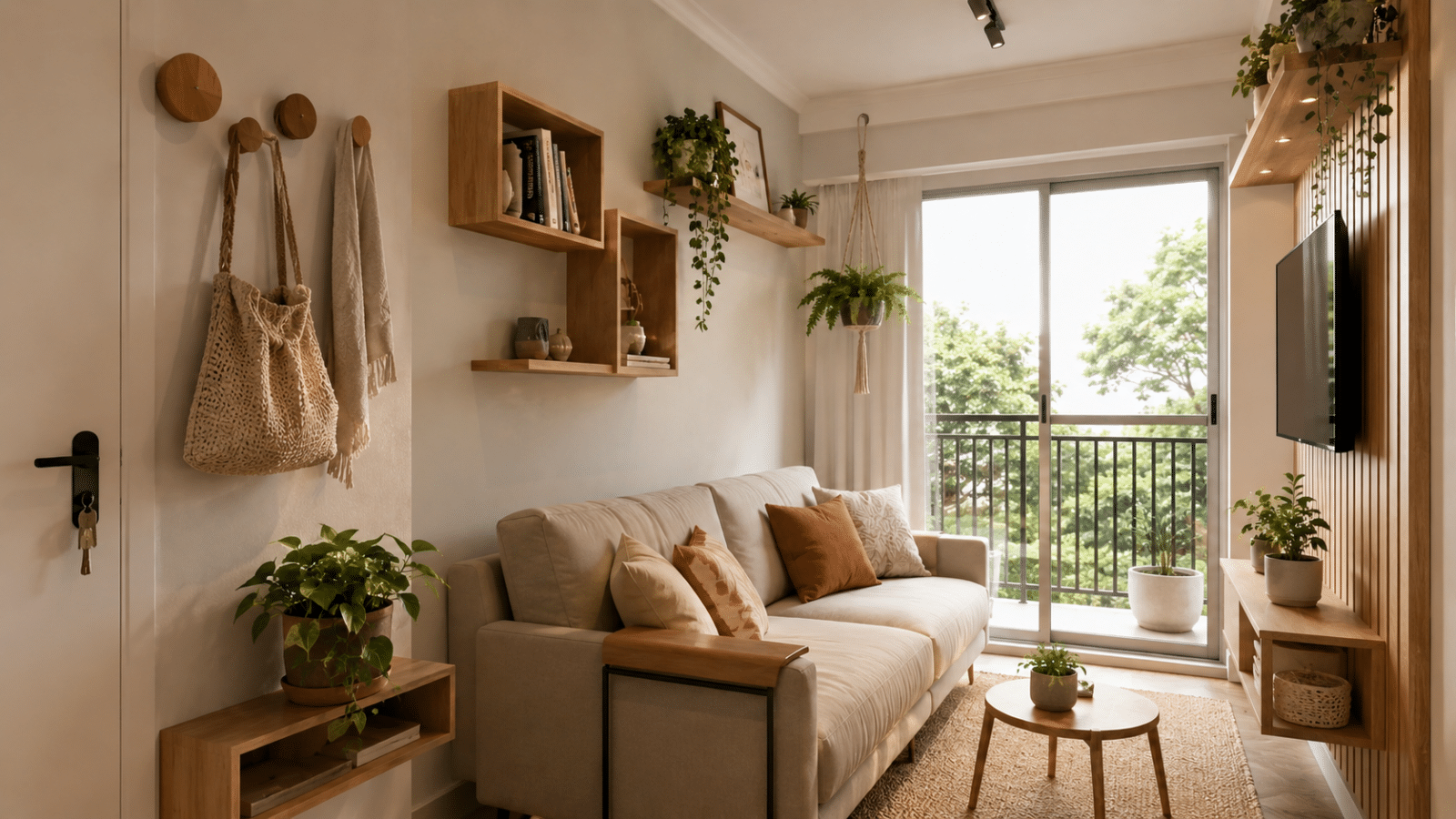 Sala pequena organizada com ganchos, nichos de madeira e suportes com plantas, criando um ambiente funcional, acolhedor e bem aproveitado.