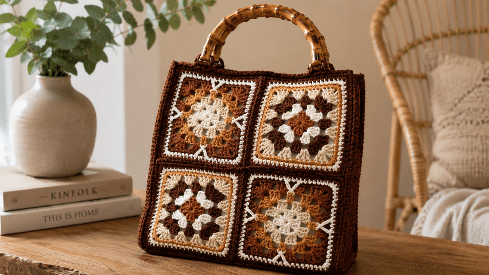 Bolsa de crochê com squares em tons terrosos, alça de bambu e composição artesanal em ambiente aconchegante.