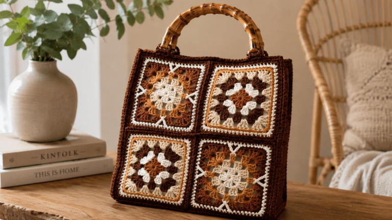 Bolsa de crochê com squares em tons terrosos, alça de bambu e composição artesanal em ambiente aconchegante.
