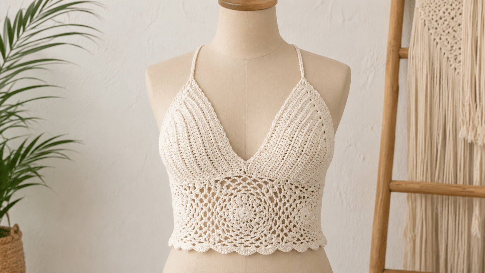 Cropped de crochê branco com bojo triangular, pontos vazados e detalhe circular na base, exibido em manequim neutro.