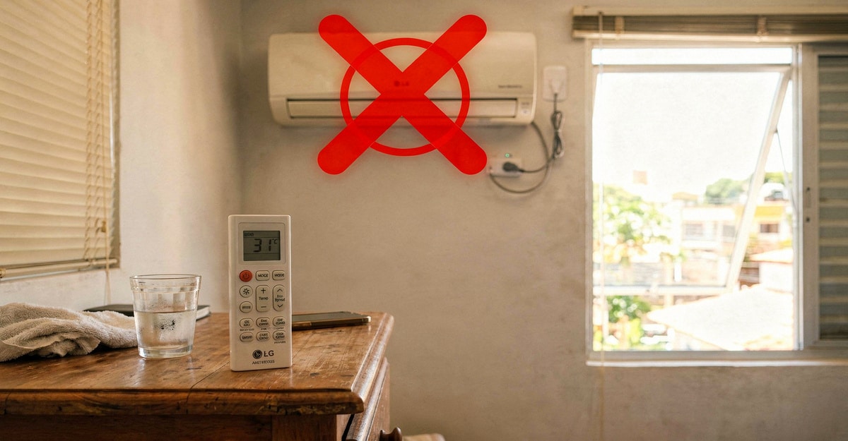 Controle remoto de ar-condicionado mostrando temperatura alta com aparelho desligado