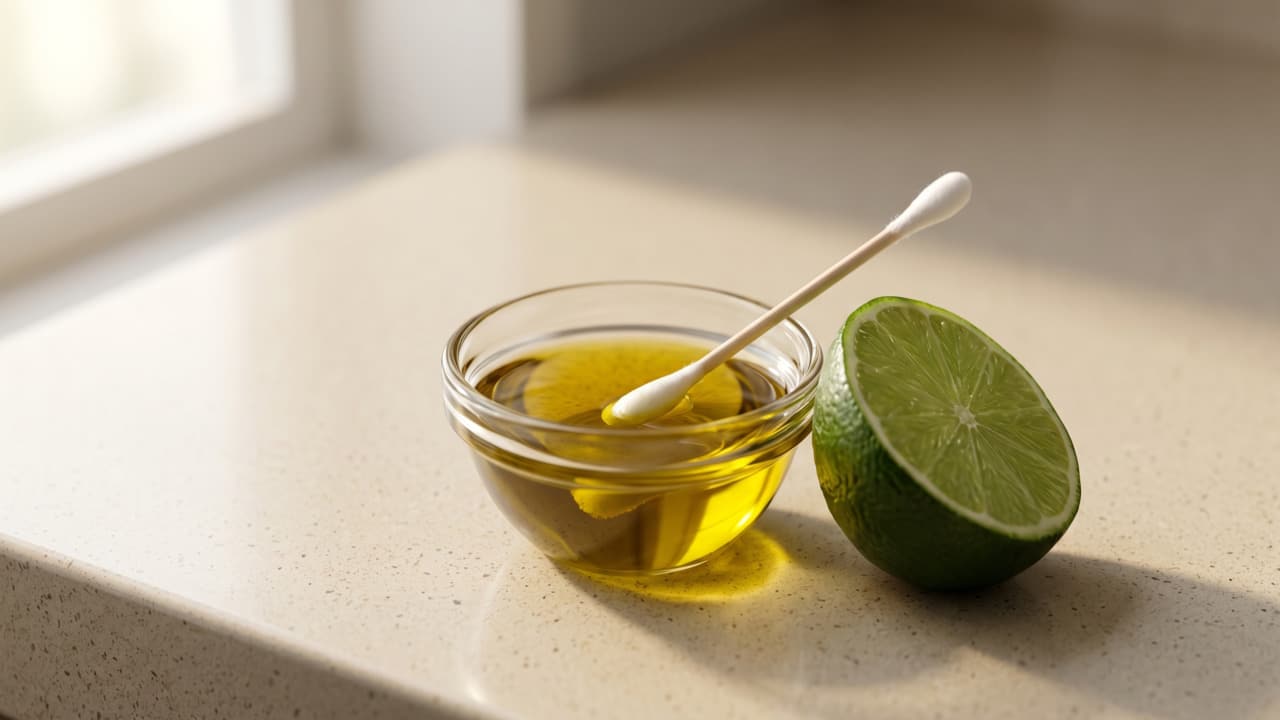 Cotonete em tigela de azeite de oliva ao lado de rodela de limão