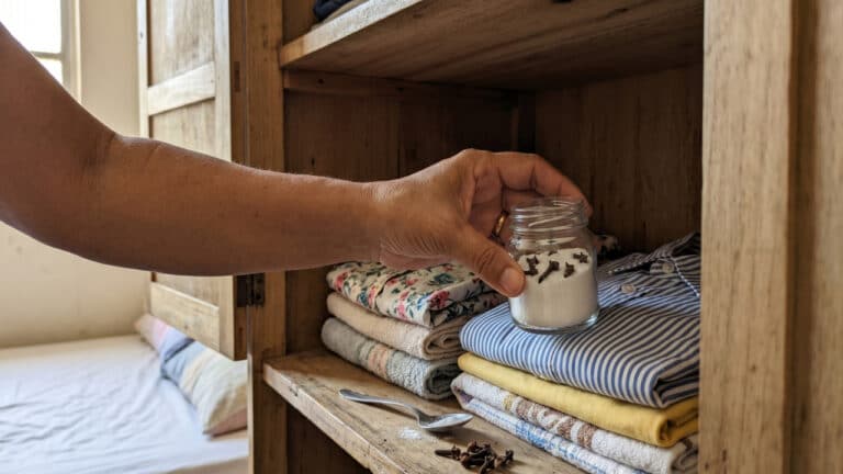 Cravo-da-índia com bicarbonato de sódio em pote de vidro sobre roupas limpas