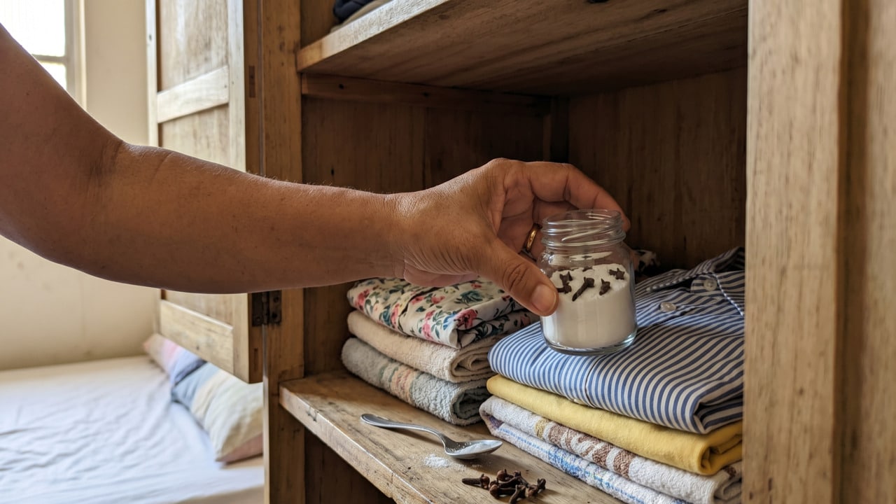 Cravo-da-índia com bicarbonato de sódio em pote de vidro sobre roupas limpas