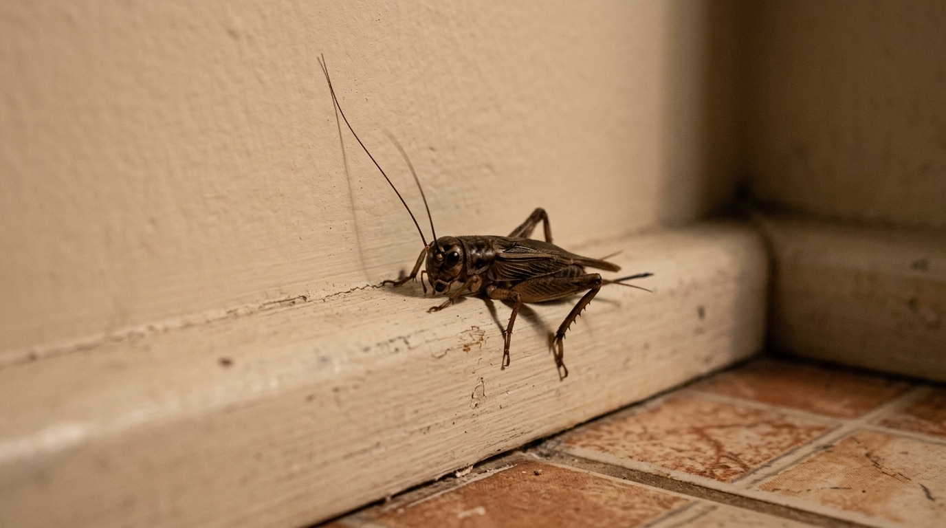Grilo marrom com longas antenas posicionado sobre o rodapé branco de uma parede interna com textura leve, próximo a um piso de cerâmica rústica.