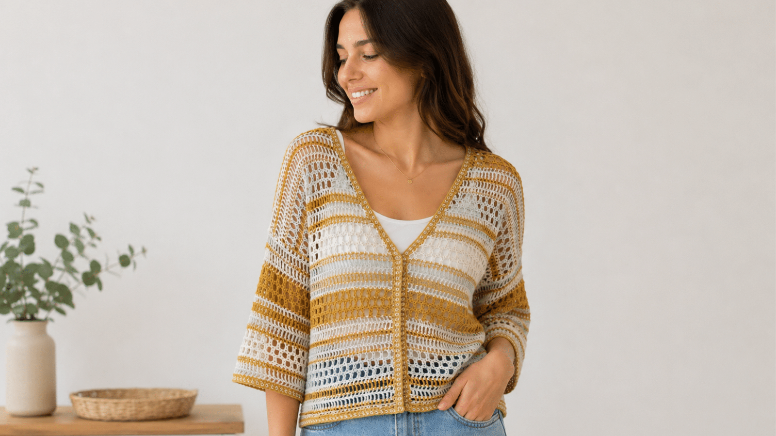Mulher estilo editorial com a blusa em crochê