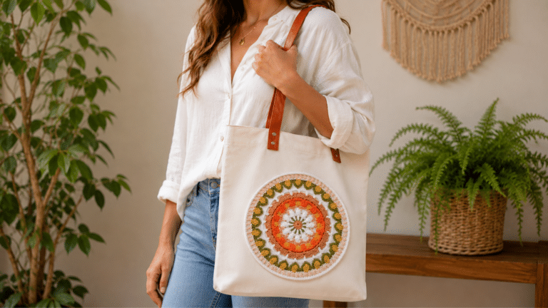 Mulher usando bolsa de tecido com acabamento em crochê colorido, destacando o detalhe artesanal em mandala e as alças em tom caramelo.