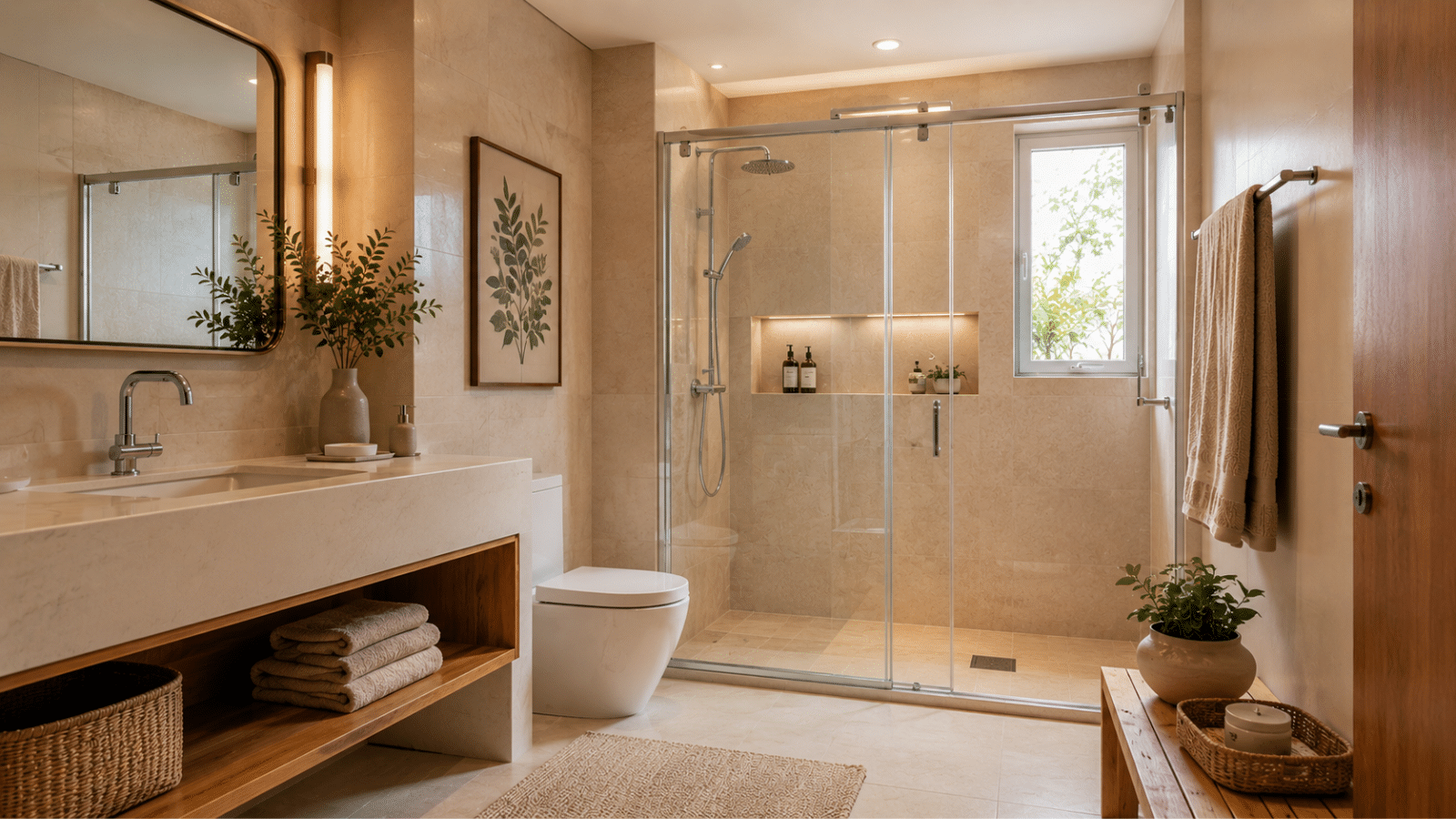 Banheiro moderno com box de vidro no chuveiro, revestimentos claros e decoração acolhedora, unindo funcionalidade, conforto e elegância em um ambiente com visual de spa.